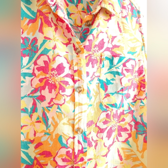 Sweet Time and Tru Linen Blend Sleeveless Colorful Floral Shirt Hawaiian Large - Picture 2 of 6